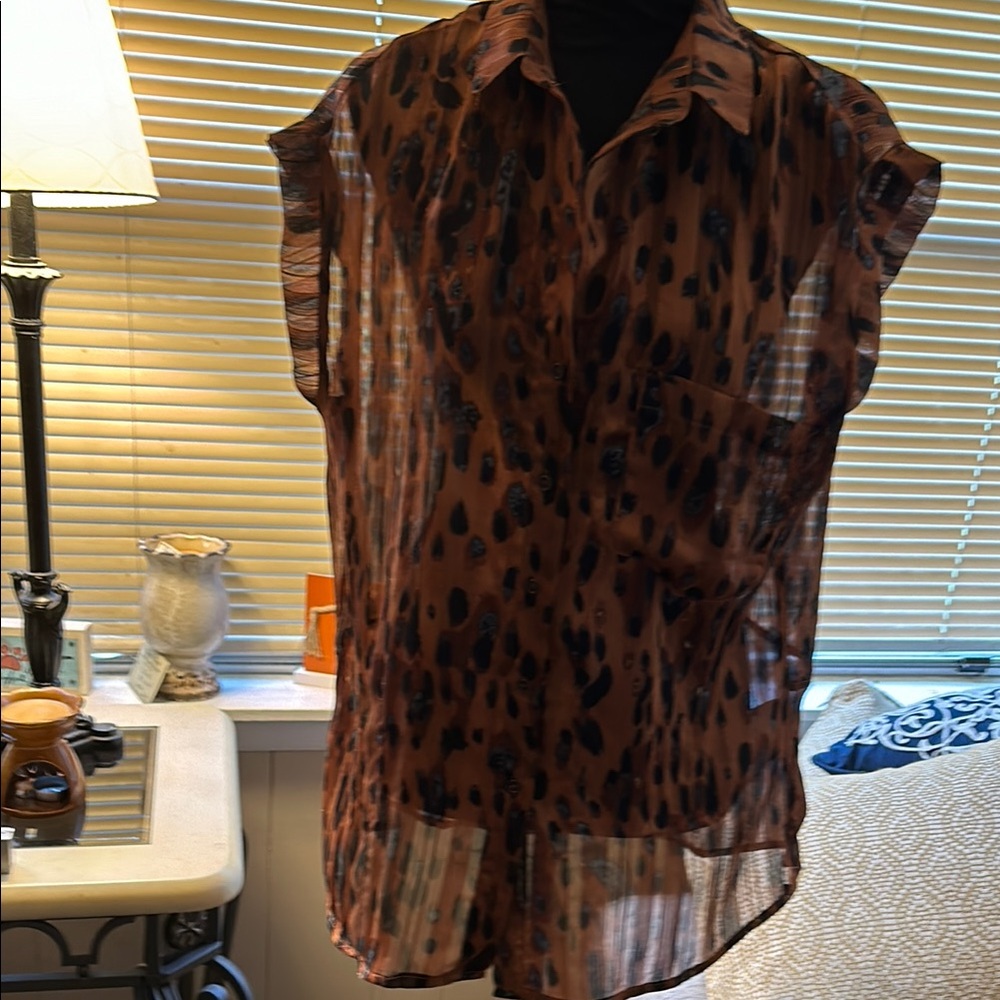 Umgee Sheer Brown and Black Patterned Dress Shirt